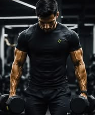 Atleta segurando halteres numa academia escura